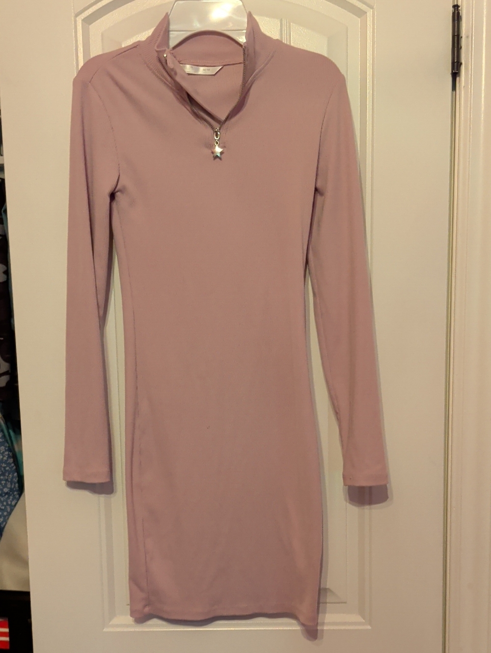 Girls' Long Sleeve Pink Mock-Neck Dress with Star Zip Charm
